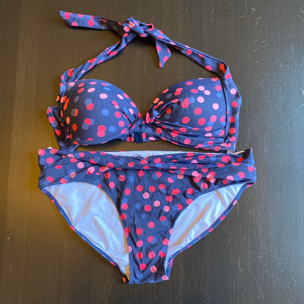Joules polka dot  halter bikini navy and pink size 10
